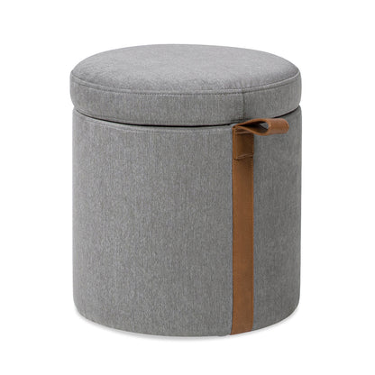 Brandy 14' Round Upholstered Storage Ottoman with Leather Accent, Uptown Gray