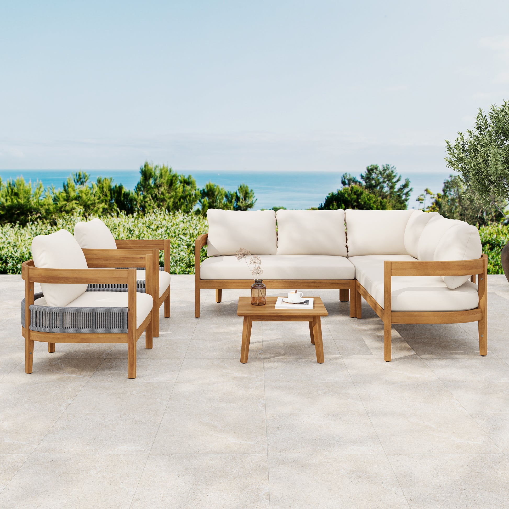 BROOKLYN 6-PIECES PATIO CONVERSATION SET, TEAK+BEIGE Patio Furniture Sets