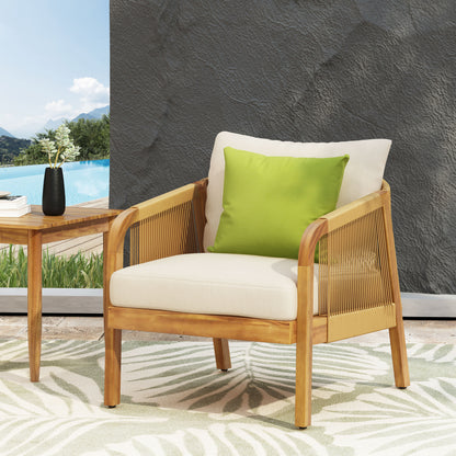 Set of 2, Acacia Wood and Wicker Outdoor Club Chair, Deep Seating with Soft Cushion, Porch Chairs for Garden, Backyard Porch Balcony, Brown & Beige