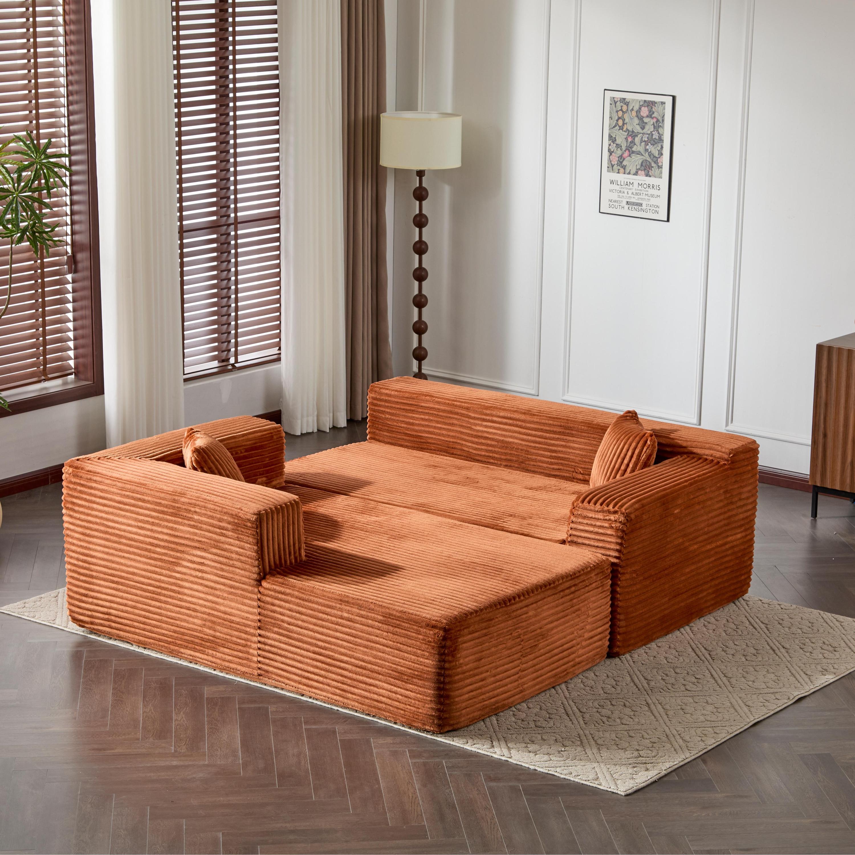 Brown Corduroy L-Shaped Sectional Sofa With Chaise.