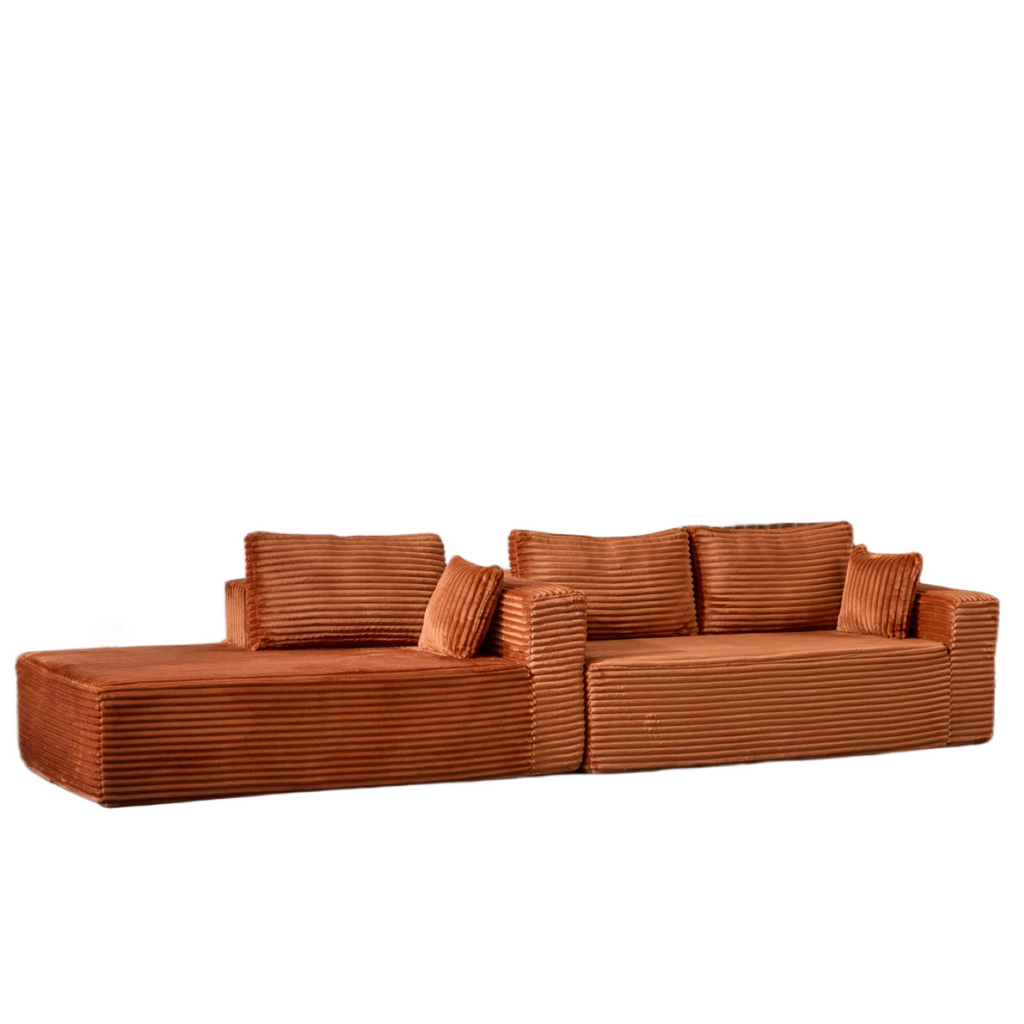 Brown Corduroy L-Shaped Sectional Sofa With Chaise.