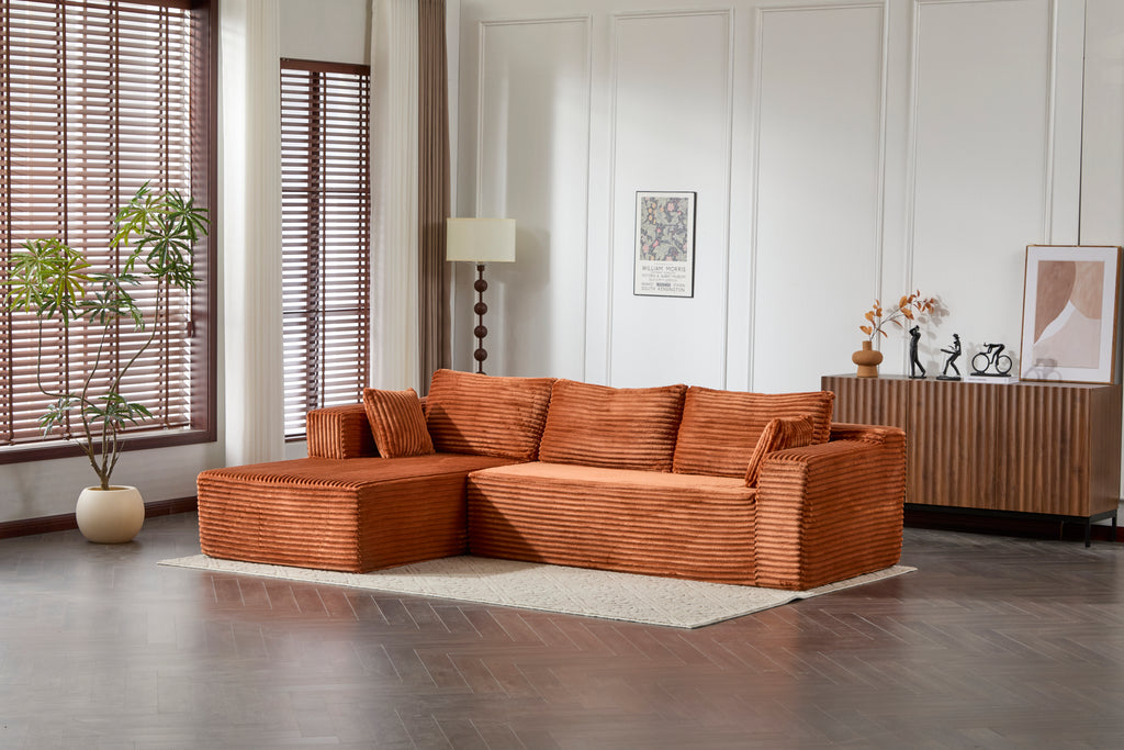 Compression Sectional Couch with Comfy Chaise, Boneless L Shape Sofa with Deep Seat, Minimalist Modular Couches Sleeper for Living Room Bedroom Apartment Lounge,corduroy,Brown