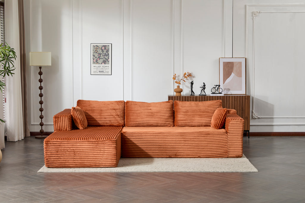 Compression Sectional Couch with Comfy Chaise, Boneless L Shape Sofa with Deep Seat, Minimalist Modular Couches Sleeper for Living Room Bedroom Apartment Lounge,corduroy,Brown