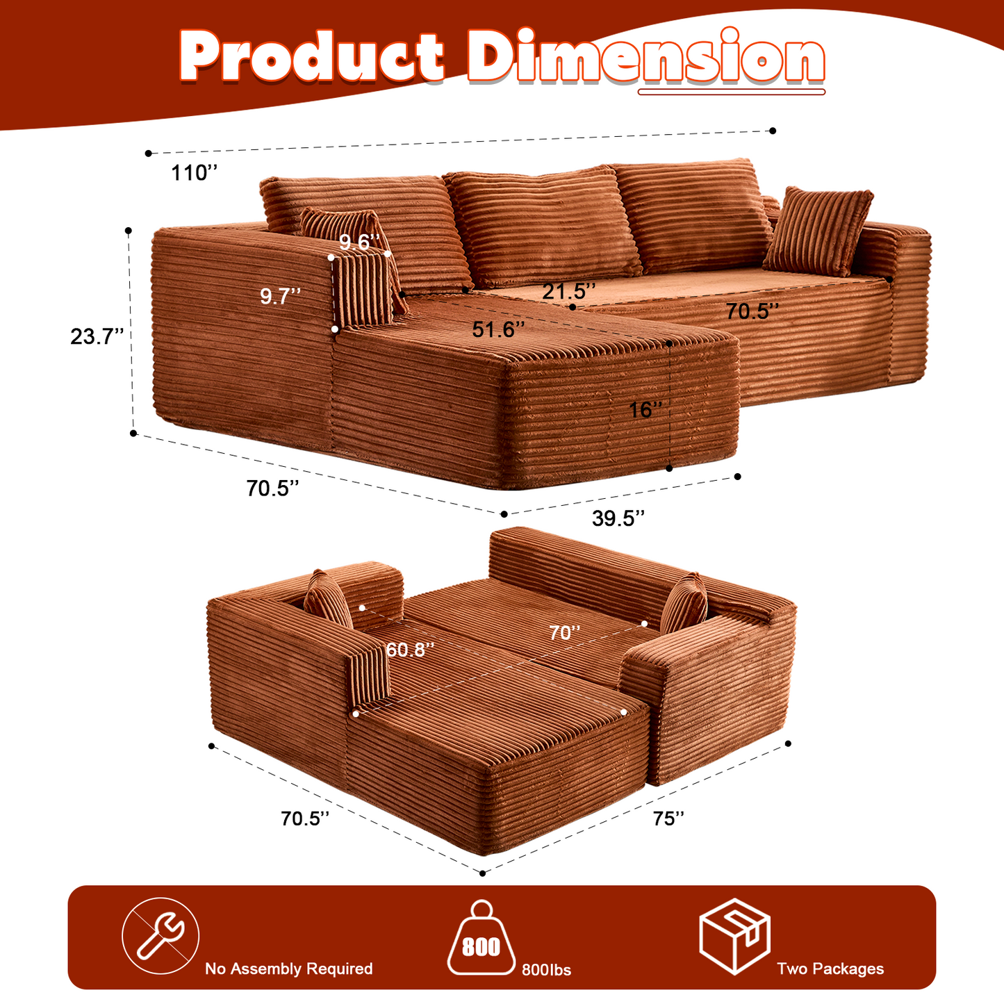 Compression Sectional Couch with Comfy Chaise, Boneless L Shape Sofa with Deep Seat, Minimalist Modular Couches Sleeper for Living Room Bedroom Apartment Lounge,corduroy,Brown