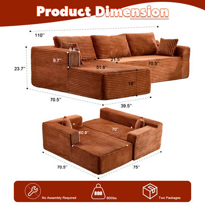 Compression Sectional Couch with Comfy Chaise, Boneless L Shape Sofa with Deep Seat, Minimalist Modular Couches Sleeper for Living Room Bedroom Apartment Lounge,corduroy,Brown