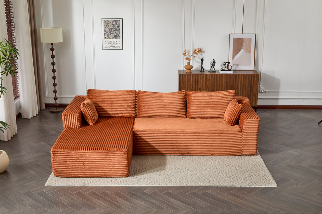 Compression Sectional Couch with Comfy Chaise, Boneless L Shape Sofa with Deep Seat, Minimalist Modular Couches Sleeper for Living Room Bedroom Apartment Lounge,corduroy,Brown