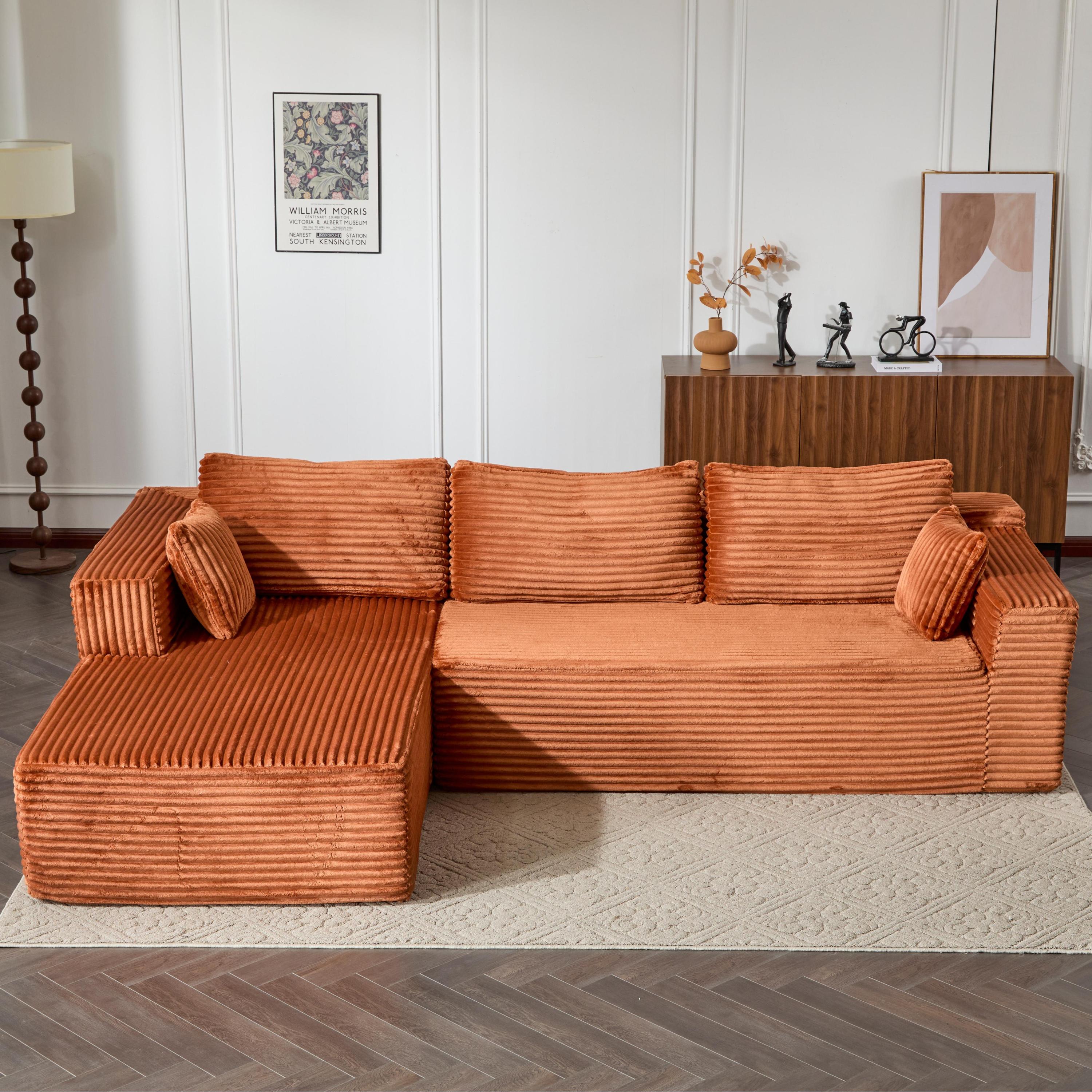 Brown Corduroy L-Shaped Sectional Sofa With Chaise.