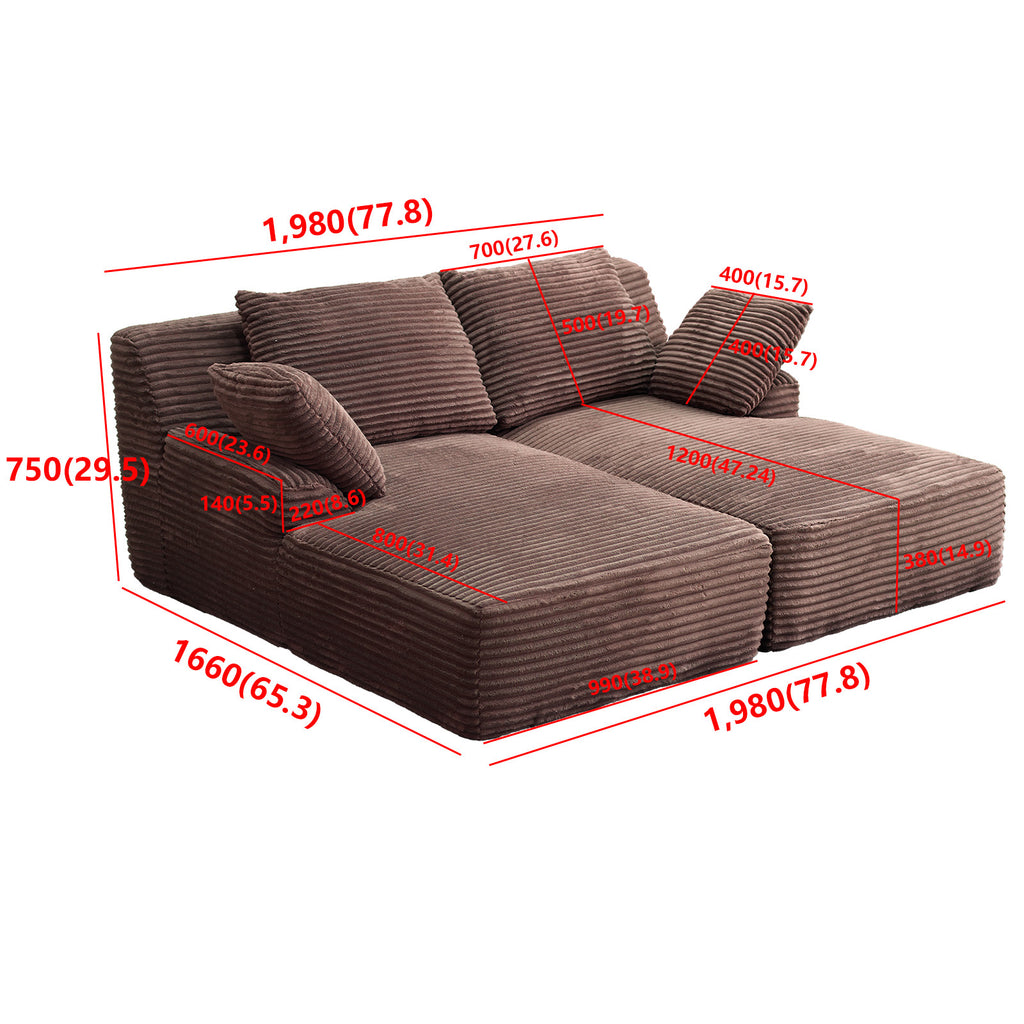 77.8' Oversized Double Chaise Lounge, Cloud Plush Sofa Bed, Upholstered Sleeper Chair, No Assembly Required, Corduroy for Living Bedroom, Brown Accent Chair