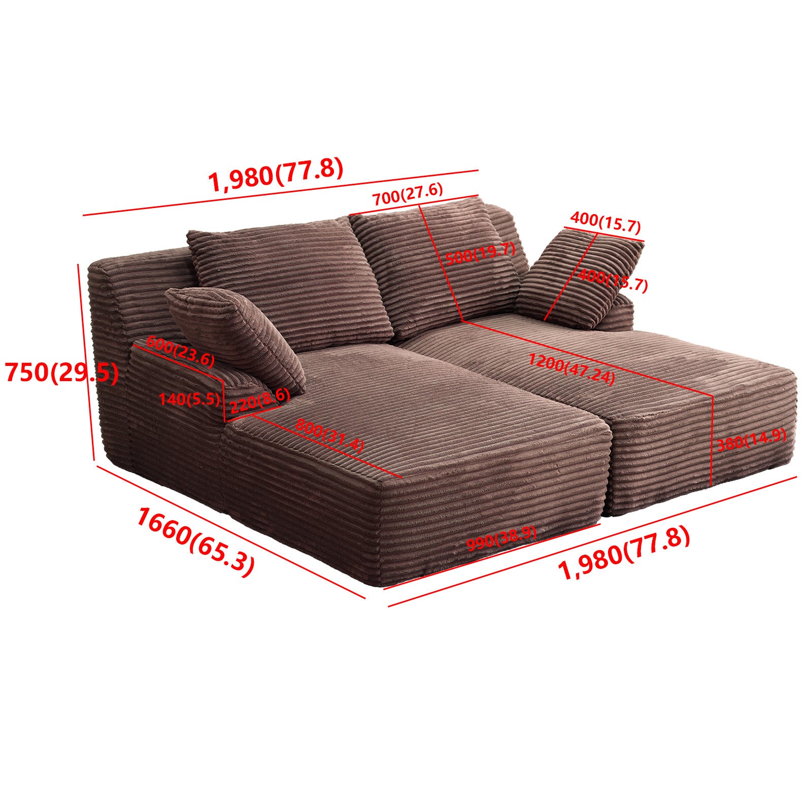 77.8' Oversized Double Chaise Lounge, Cloud Plush Sofa Bed, Upholstered Sleeper Chair, No Assembly Required, Corduroy for Living Bedroom, Brown Accent Chair