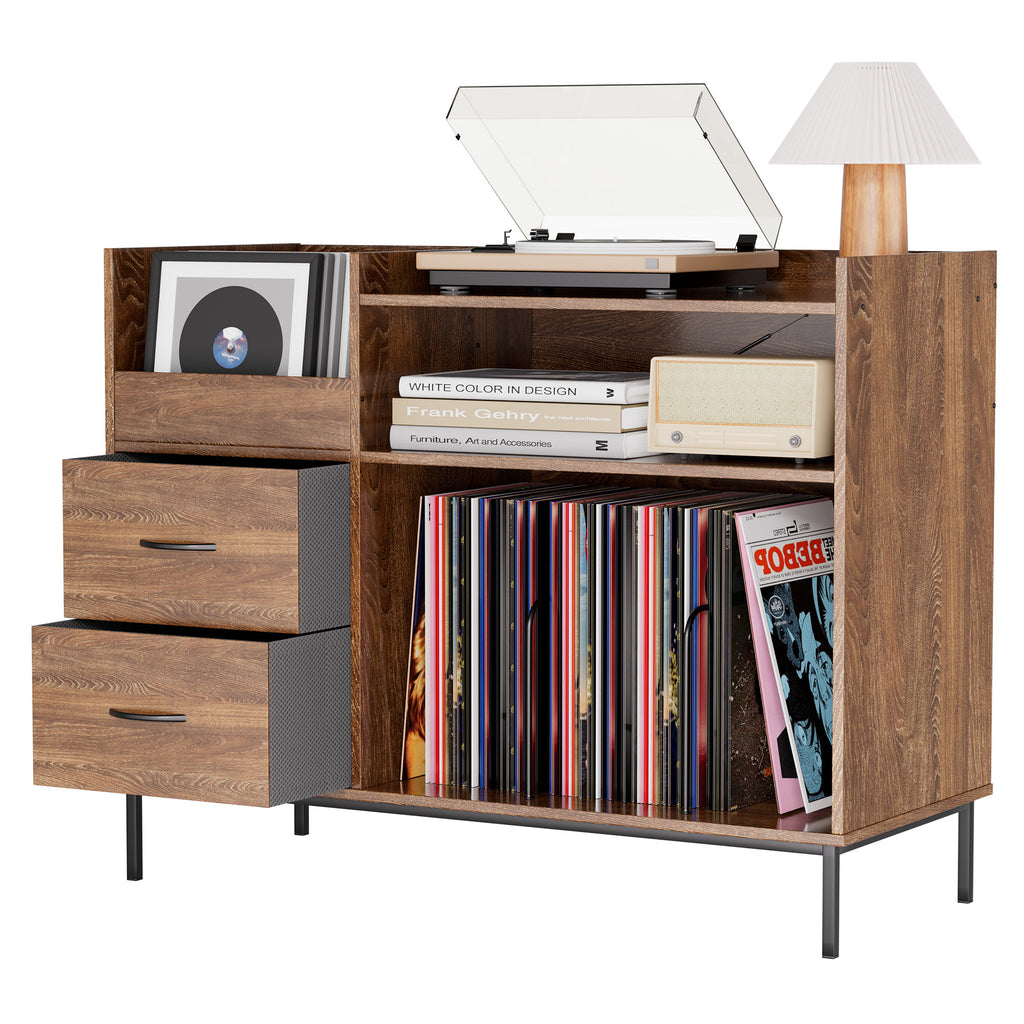 Record Player Stand with Adjustable Shelves, Holds 350+ Vinyls, Media Console with Speaker Shelf & 2 Drawers, 27.6' Turntable TV Stand for Living Room, Bedroom, Some Assembly Required Media Console