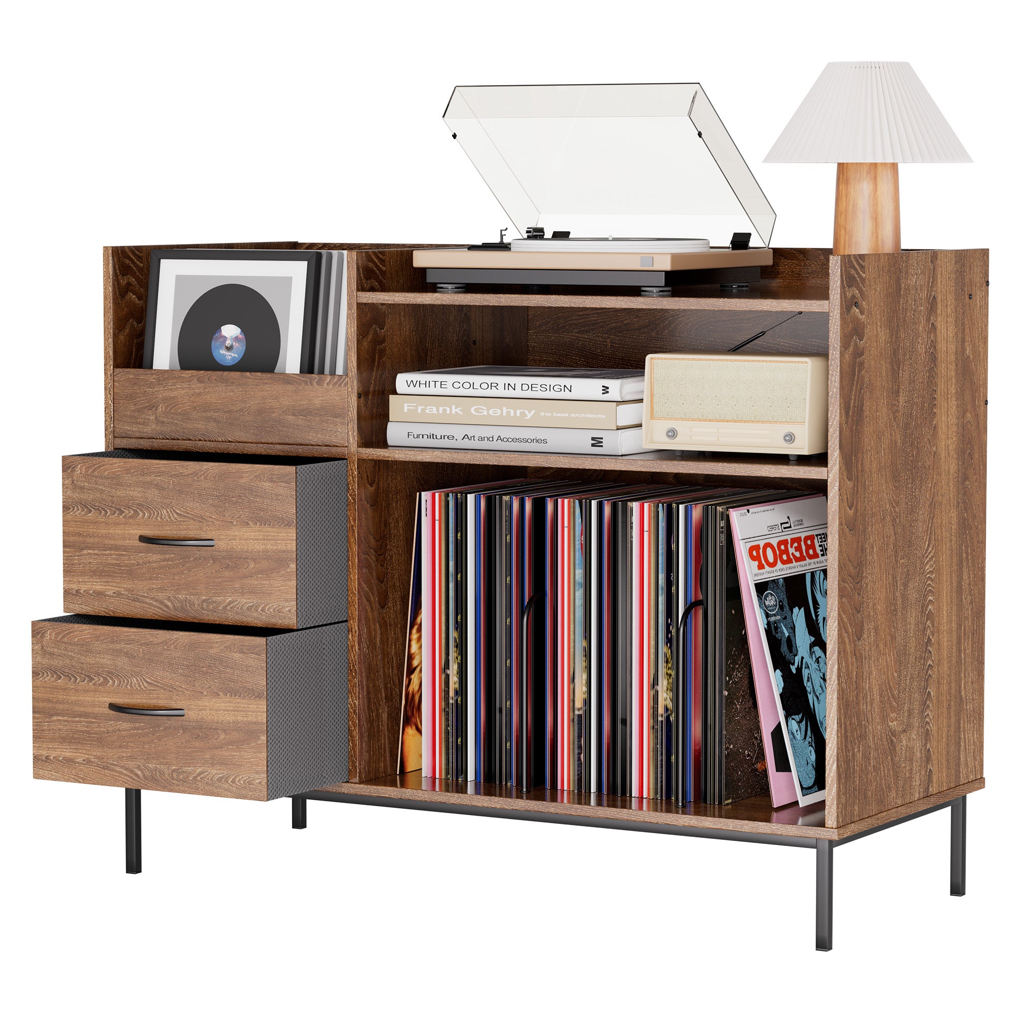 Record Player Stand with Adjustable Shelves, Holds 350+ Vinyls, Media Console with Speaker Shelf & 2 Drawers, 27.6' Turntable TV Stand for Living Room, Bedroom, Some Assembly Required Media Console