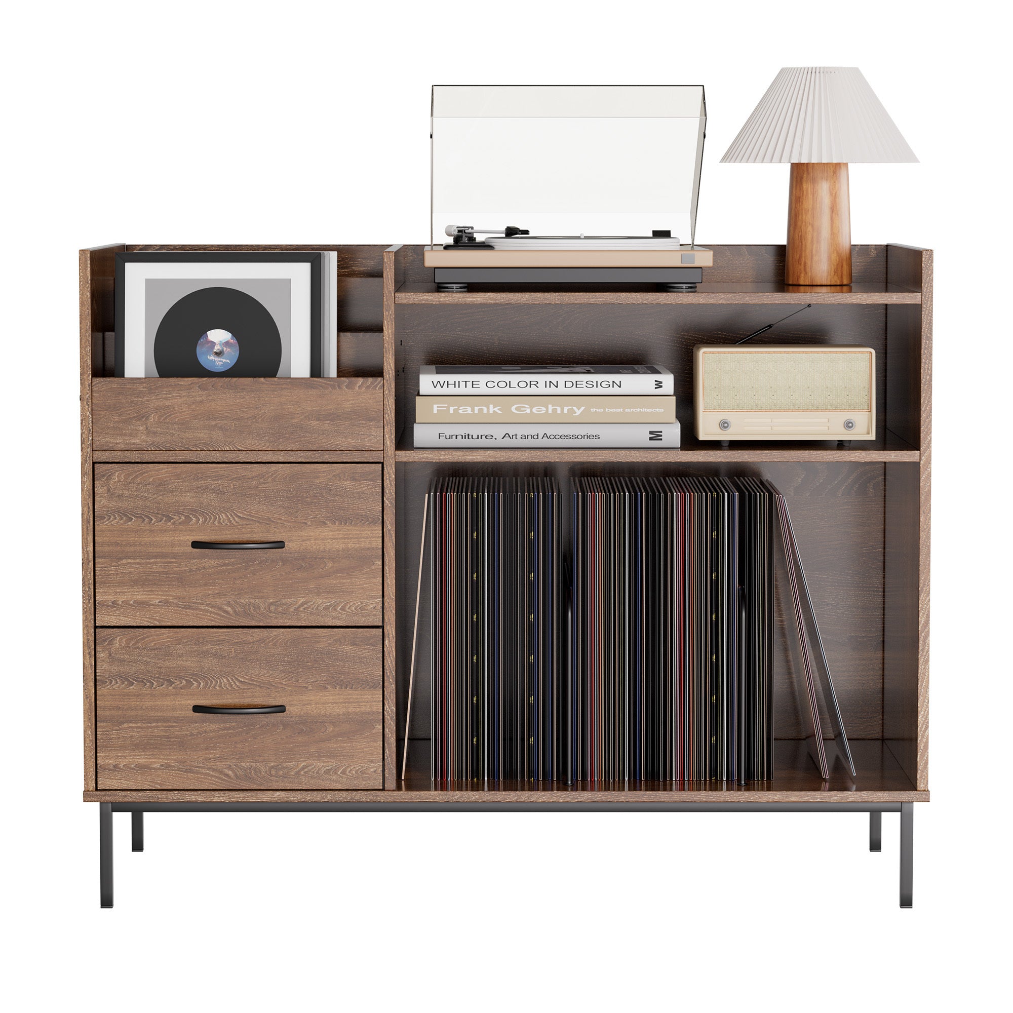 Record Player Stand with Adjustable Shelves, Holds 350+ Vinyls, Media Console with Speaker Shelf & 2 Drawers, 27.6' Turntable TV Stand for Living Room, Bedroom, Some Assembly Required Media Console
