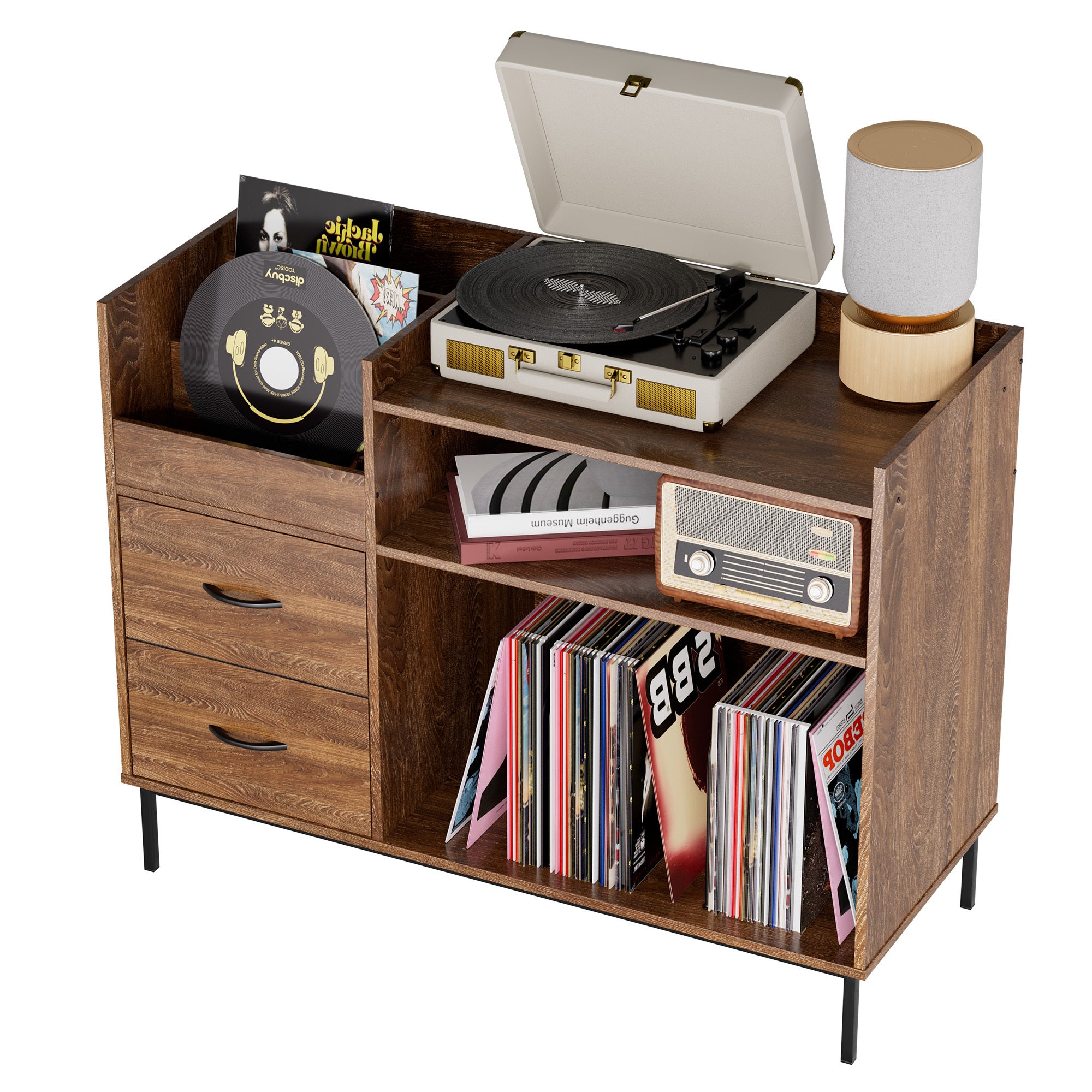 Record Player Stand with Adjustable Shelves, Holds 350+ Vinyls, Media Console with Speaker Shelf & 2 Drawers, 27.6' Turntable TV Stand for Living Room, Bedroom, Some Assembly Required Media Console