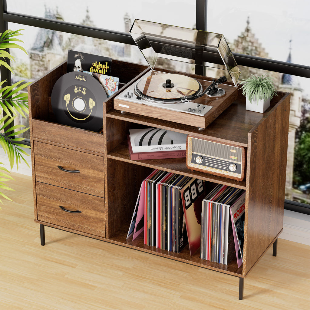 Record Player Stand with Adjustable Shelves, Holds 350+ Vinyls, Media Console with Speaker Shelf & 2 Drawers, 27.6' Turntable TV Stand for Living Room, Bedroom, Some Assembly Required Media Console