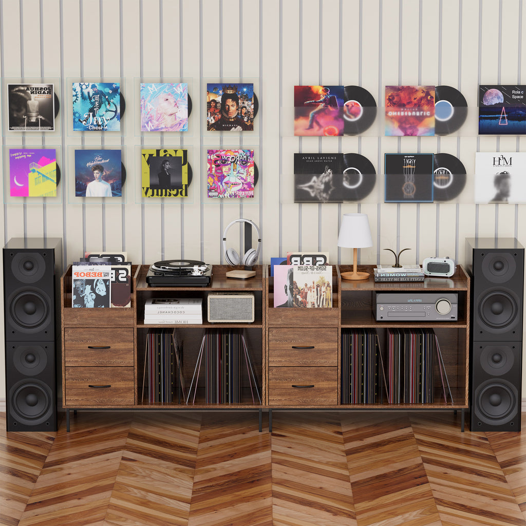 Record Player Stand with Adjustable Shelves, Holds 350+ Vinyls, Media Console with Speaker Shelf & 2 Drawers, 27.6' Turntable TV Stand for Living Room, Bedroom, Some Assembly Required Media Console