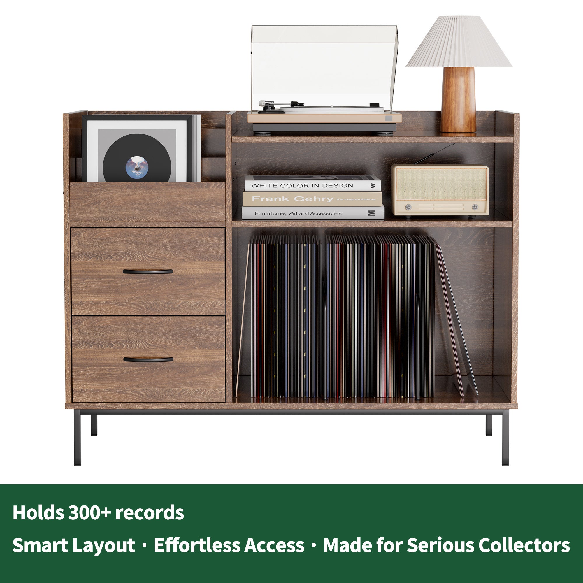 Record Player Stand with Adjustable Shelves, Holds 350+ Vinyls, Media Console with Speaker Shelf & 2 Drawers, 27.6' Turntable TV Stand for Living Room, Bedroom, Some Assembly Required Media Console