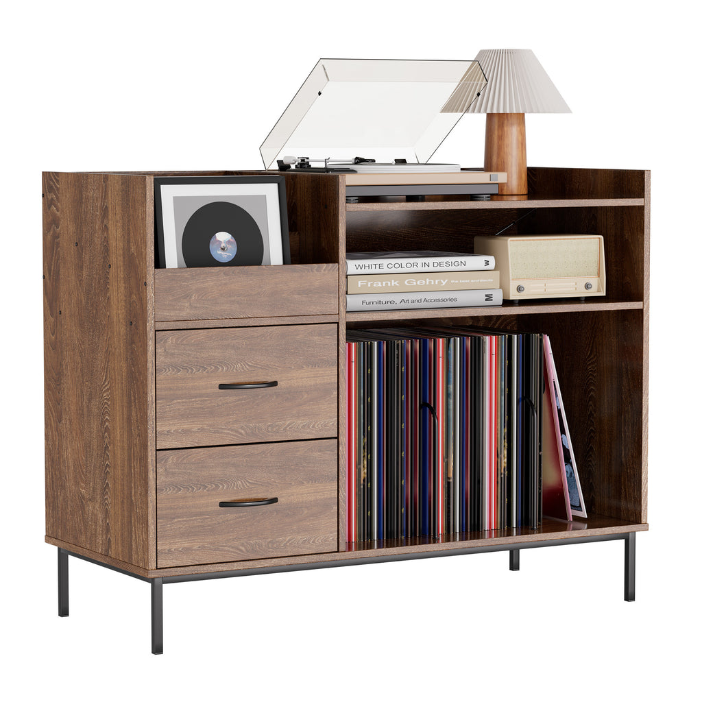 Record Player Stand with Adjustable Shelves, Holds 350+ Vinyls, Media Console with Speaker Shelf & 2 Drawers, 27.6' Turntable TV Stand for Living Room, Bedroom, Some Assembly Required Media Console