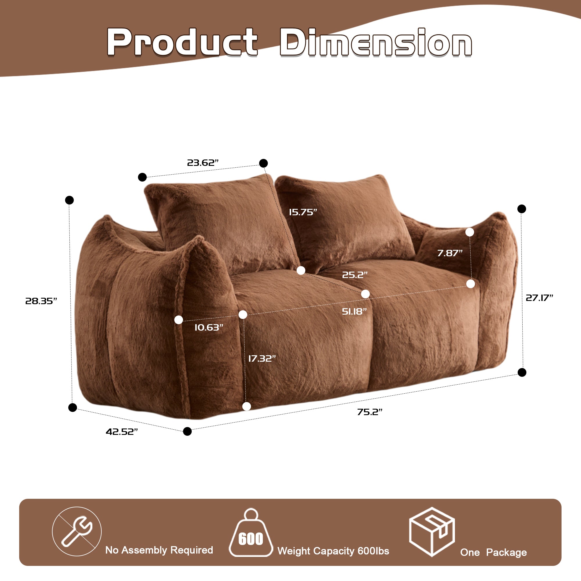 Giant Bean Bag Couch for Adults, Ultra Soft Fluffy Loveseat Bean Bag Sofa, Oversized Chase Lounge Chair Indoor for Living Room Bedroom, No Assembly Required Cozy Reading Chair with Pillows, Brown