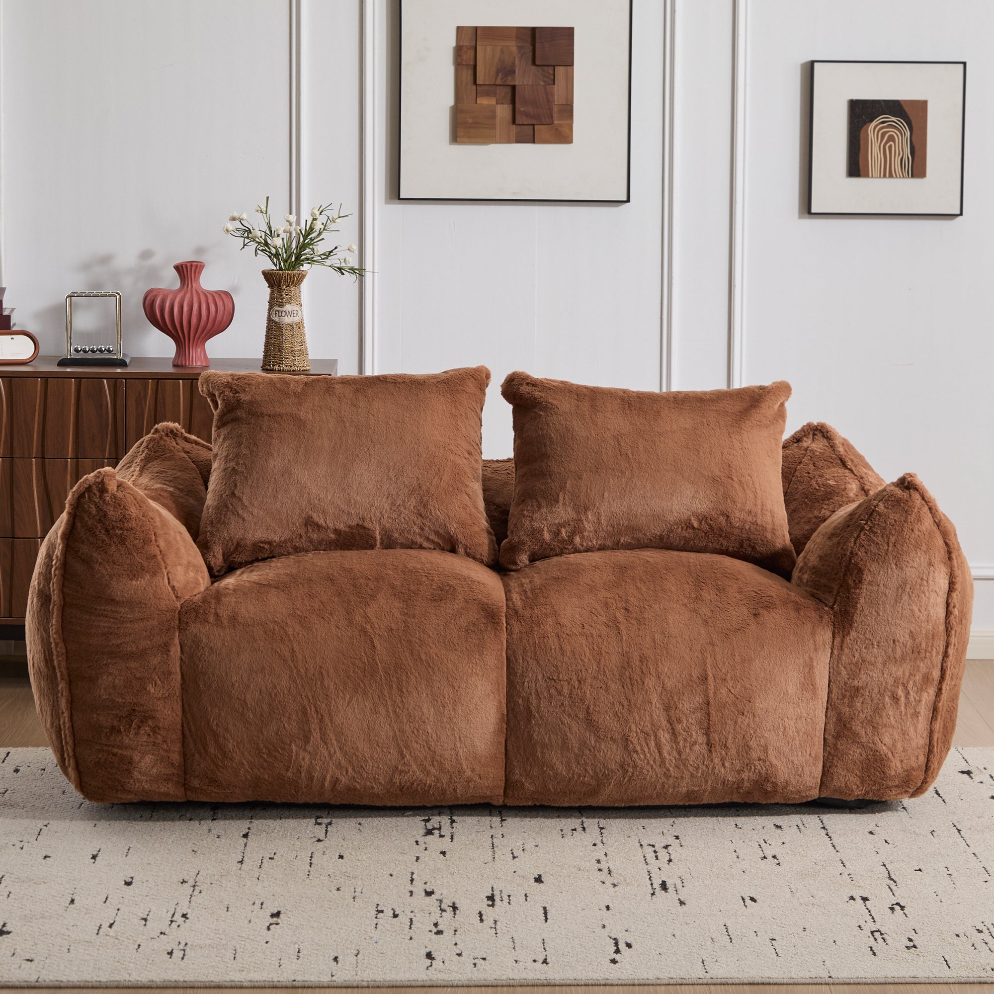 Giant Bean Bag Couch for Adults, Ultra Soft Fluffy Loveseat Bean Bag Sofa, Oversized Chase Lounge Chair Indoor for Living Room Bedroom, No Assembly Required Cozy Reading Chair with Pillows, Brown