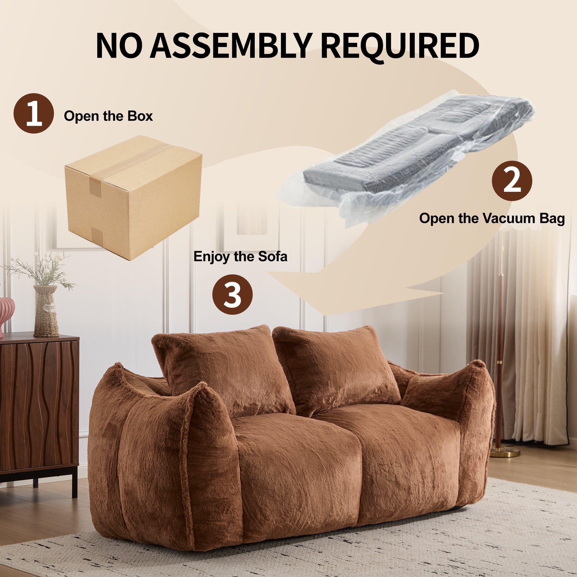 Giant Bean Bag Couch for Adults, Ultra Soft Fluffy Loveseat Bean Bag Sofa, Oversized Chase Lounge Chair Indoor for Living Room Bedroom, No Assembly Required Cozy Reading Chair with Pillows, Brown