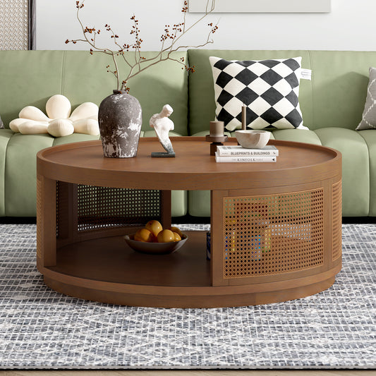 U-Can 36.8'' Wooden Mid-Century Modern Coffee Table, Round Cane Coffee Table with PE Rattan Side for Living Room,Brown(Old SKU:SJ000119AAD)