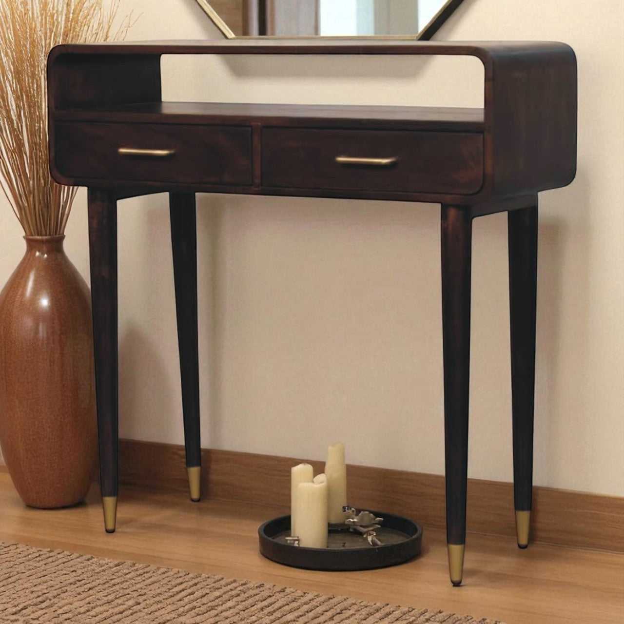 Solid Wood Apollo Loop Console Desk,Brown with 2-Drawers,1-shelf Desk