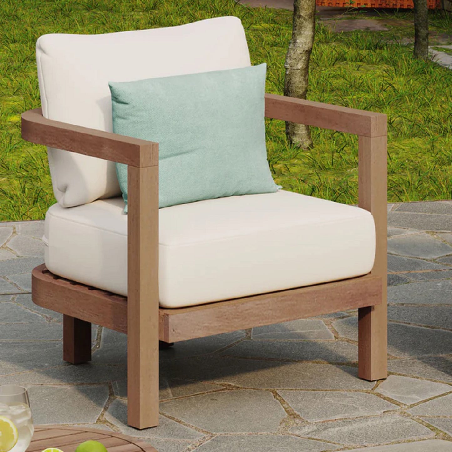 Outdoor Acacia Wood Patio Club Chair, Patio Furniture,Waterproof Thick Cushion Deep Seating for Porch, Garden, Backyard, Balcony, Weight Capacity 400lbs, Brown wash, Beige cushion