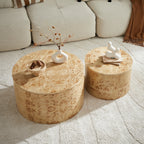 Nested Round Coffee Table Set with Burl Wood Veneer - 2-Piece MDF Storage Tables with Adjustable Feet Coffee Table
