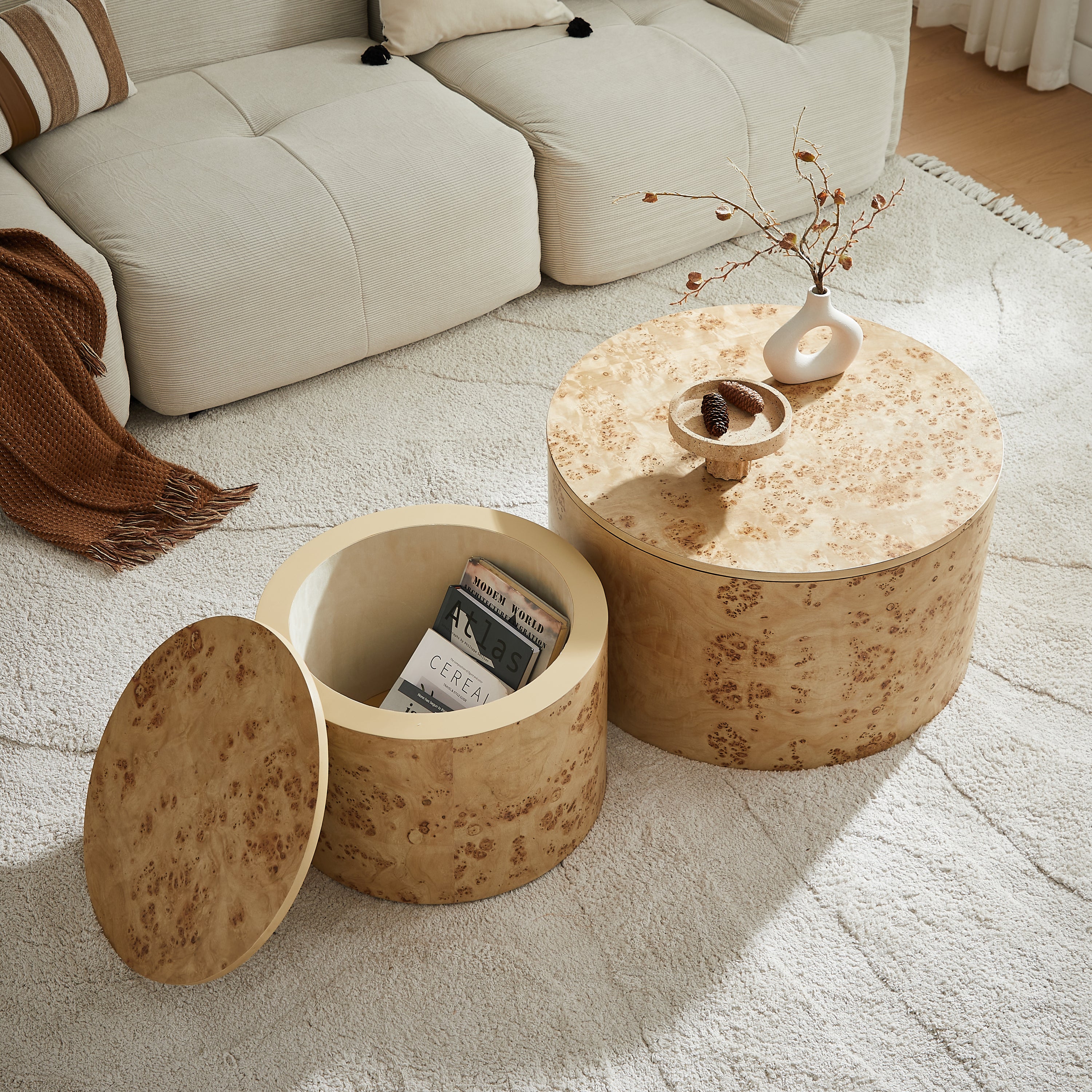 Nested Round Coffee Table Set with Burl Wood Veneer - 2-Piece MDF Storage Tables with Adjustable Feet Coffee Table