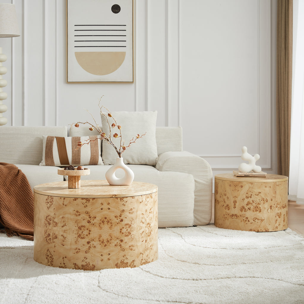 Nested Round Coffee Table Set with Burl Wood Veneer - 2-Piece MDF Storage Tables with Adjustable Feet Coffee Table