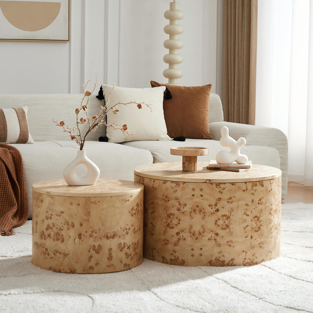 Nested Round Coffee Table Set with Burl Wood Veneer - 2-Piece MDF Storage Tables with Adjustable Feet Coffee Table