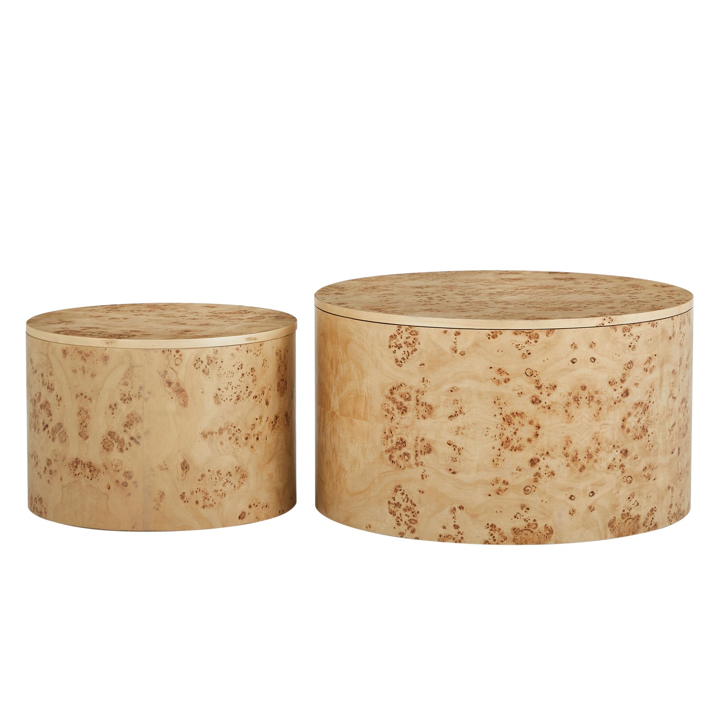 Nested Round Coffee Table Set with Burl Wood Veneer - 2-Piece MDF Storage Tables with Adjustable Feet Coffee Table