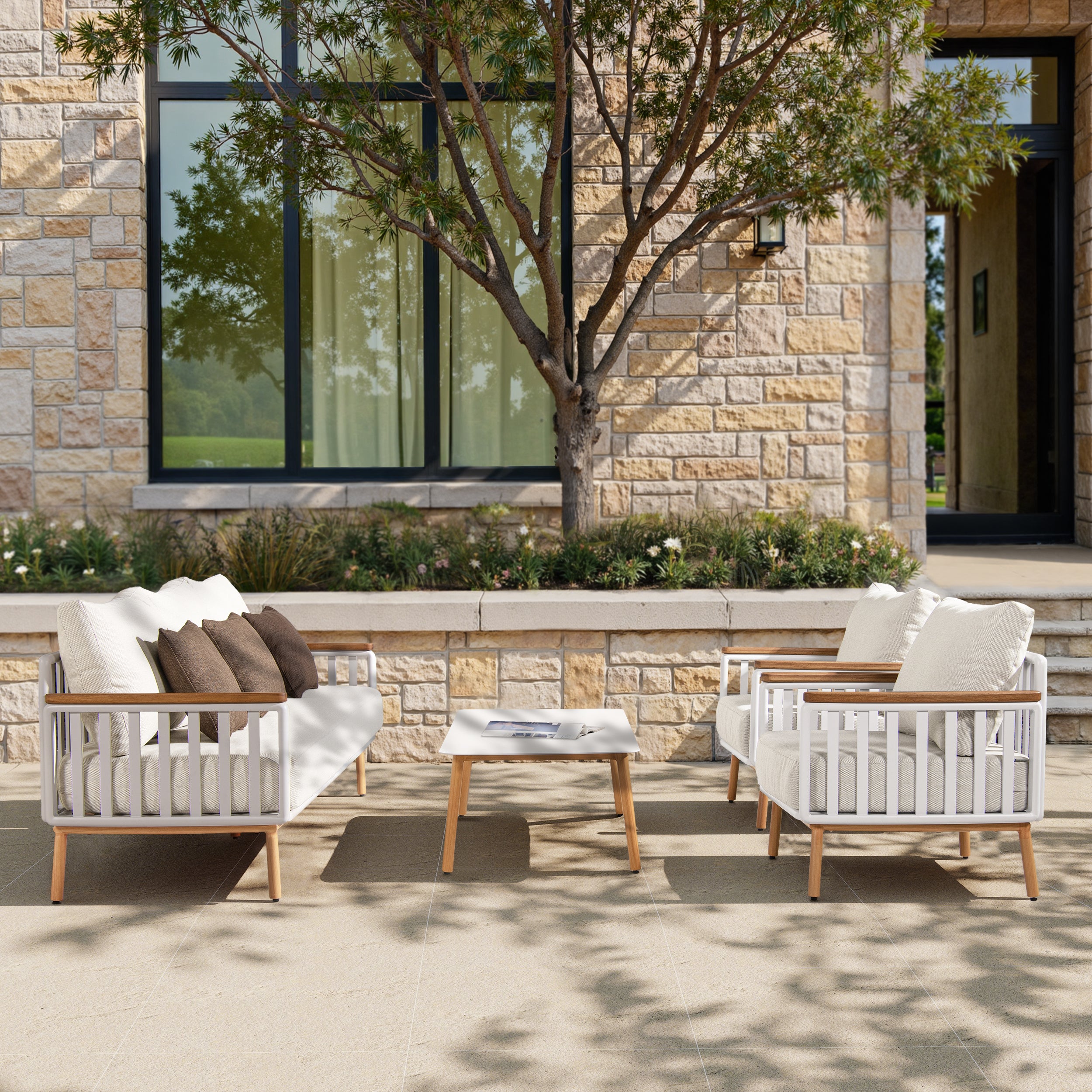 Calarono 29' Teak & Aluminum Patio Accent Arm Chair Set of 2 Sand Dune Chenille