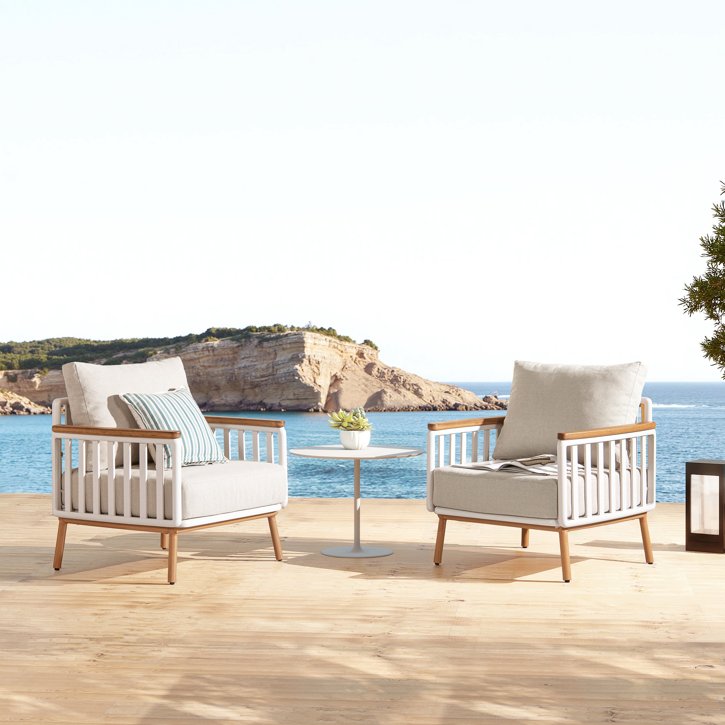 Calarono 29' Teak & Aluminum Patio Accent Arm Chair Set of 2 Sand Dune Chenille