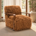 Camel Brown Finish 1pc Accent Chair Long Soft Faux Fur Retro Inspired Curve Wooden Arms Tight Seat And Back Primary living Room Accent Chair