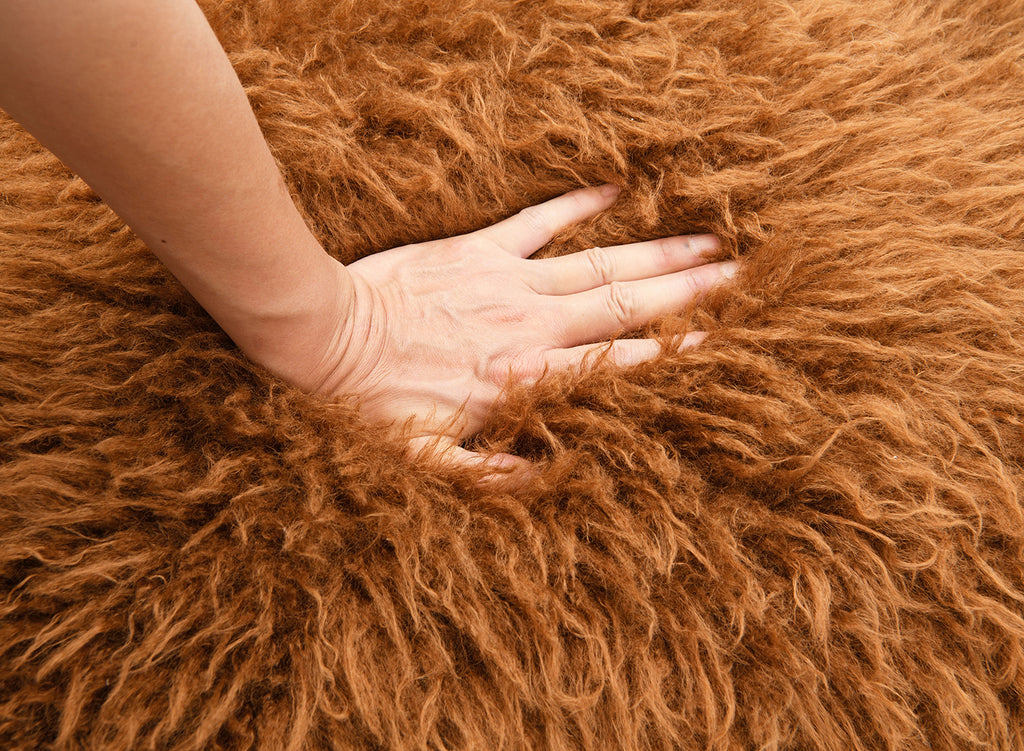 Camel Brown Finish 1pc Accent Chair Long Soft Faux Fur Retro Inspired Curve Wooden Arms Tight Seat And Back Primary living Room Accent Chair