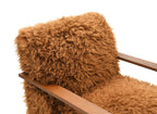 Camel Brown Finish 1pc Accent Chair Long Soft Faux Fur Retro Inspired Curve Wooden Arms Tight Seat And Back Primary living Room Accent Chair