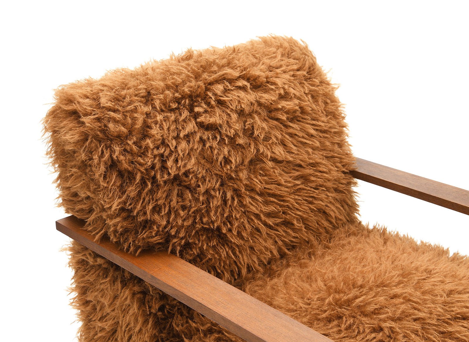 Camel Brown Finish 1pc Accent Chair Long Soft Faux Fur Retro Inspired Curve Wooden Arms Tight Seat And Back Primary living Room Accent Chair