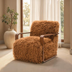 Camel Brown Finish 1pc Accent Chair Long Soft Faux Fur Retro Inspired Curve Wooden Arms Tight Seat And Back Primary living Room Accent Chair