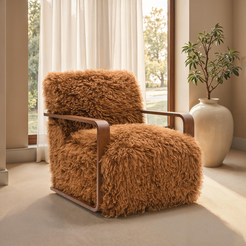Camel Brown Finish 1pc Accent Chair Long Soft Faux Fur Retro Inspired Curve Wooden Arms Tight Seat And Back Primary living Room Accent Chair