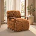 Camel Brown Finish 1pc Accent Chair Long Soft Faux Fur Retro Inspired Curve Wooden Arms Tight Seat And Back Primary living Room Accent Chair