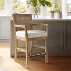 Cane Back Counter Stool with Upholstered Seat in Reclaimed Natural Finish Bar Stools