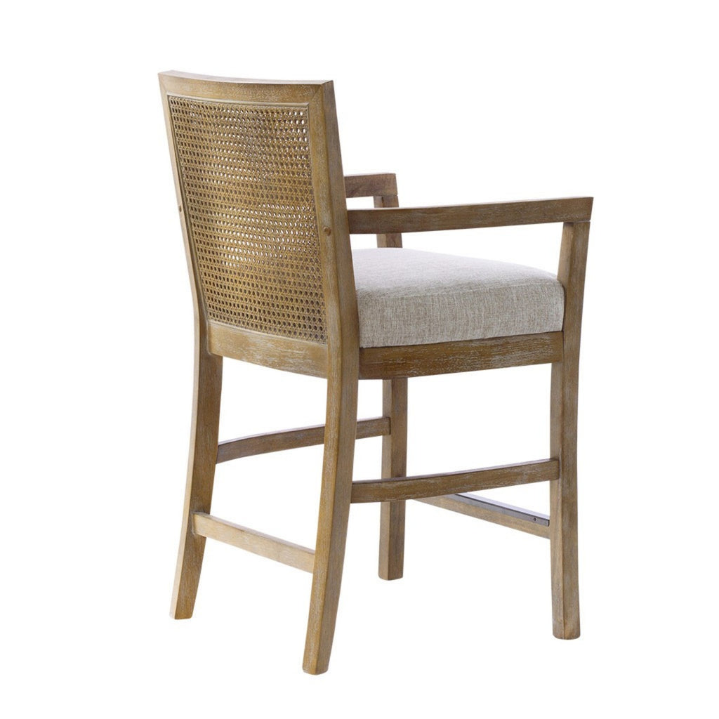 Cane Back Counter Stool with Upholstered Seat in Reclaimed Natural Finish Bar Stools
