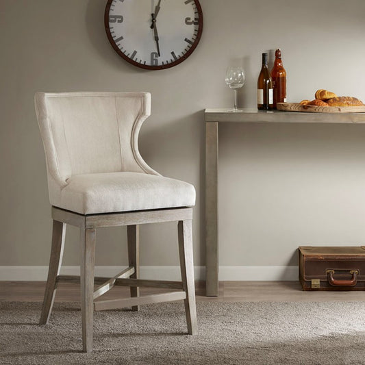 Carson Counter Stool with Swivel Seat in Cream Polyester with Reclaimed Gray Wood Bar Stools