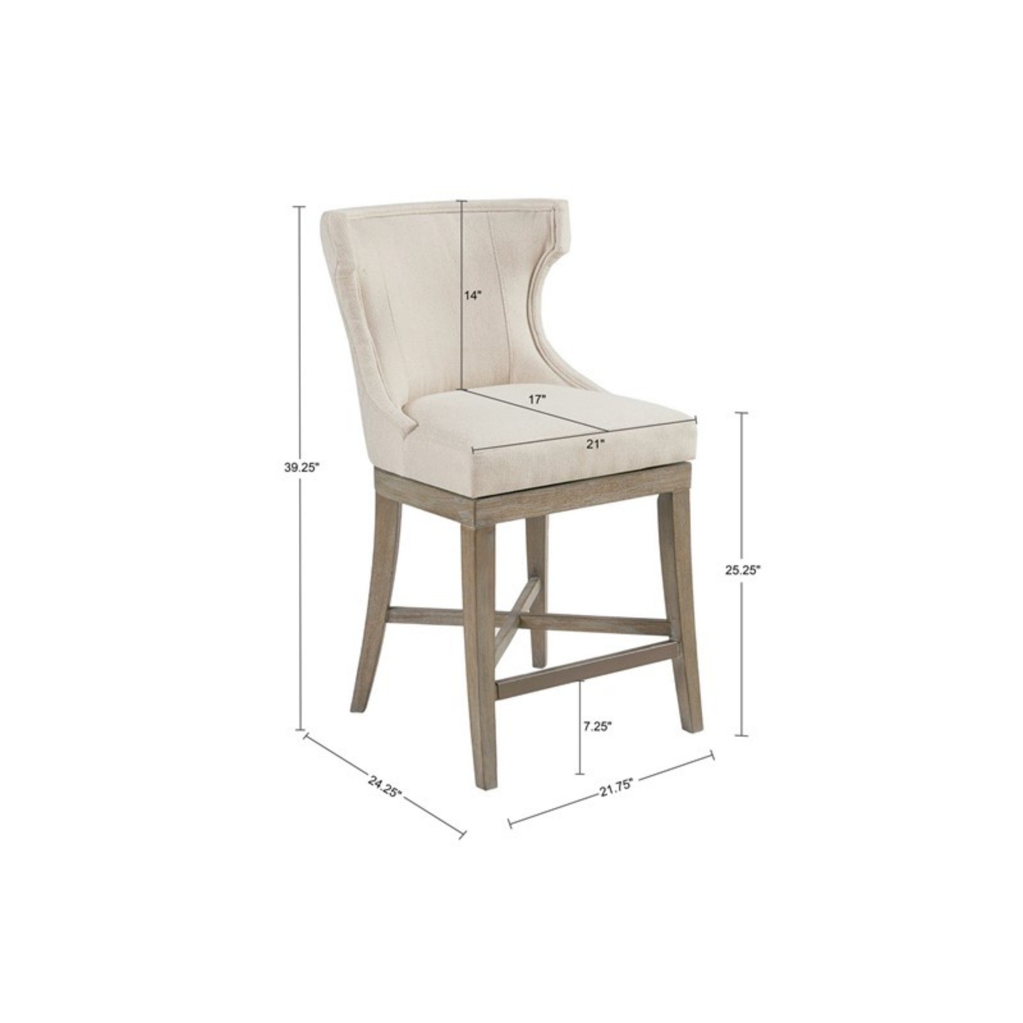Carson Counter Stool with Swivel Seat in Cream Polyester with Reclaimed Gray Wood Bar Stools