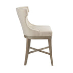 Carson Counter Stool with Swivel Seat in Cream Polyester with Reclaimed Gray Wood Bar Stools
