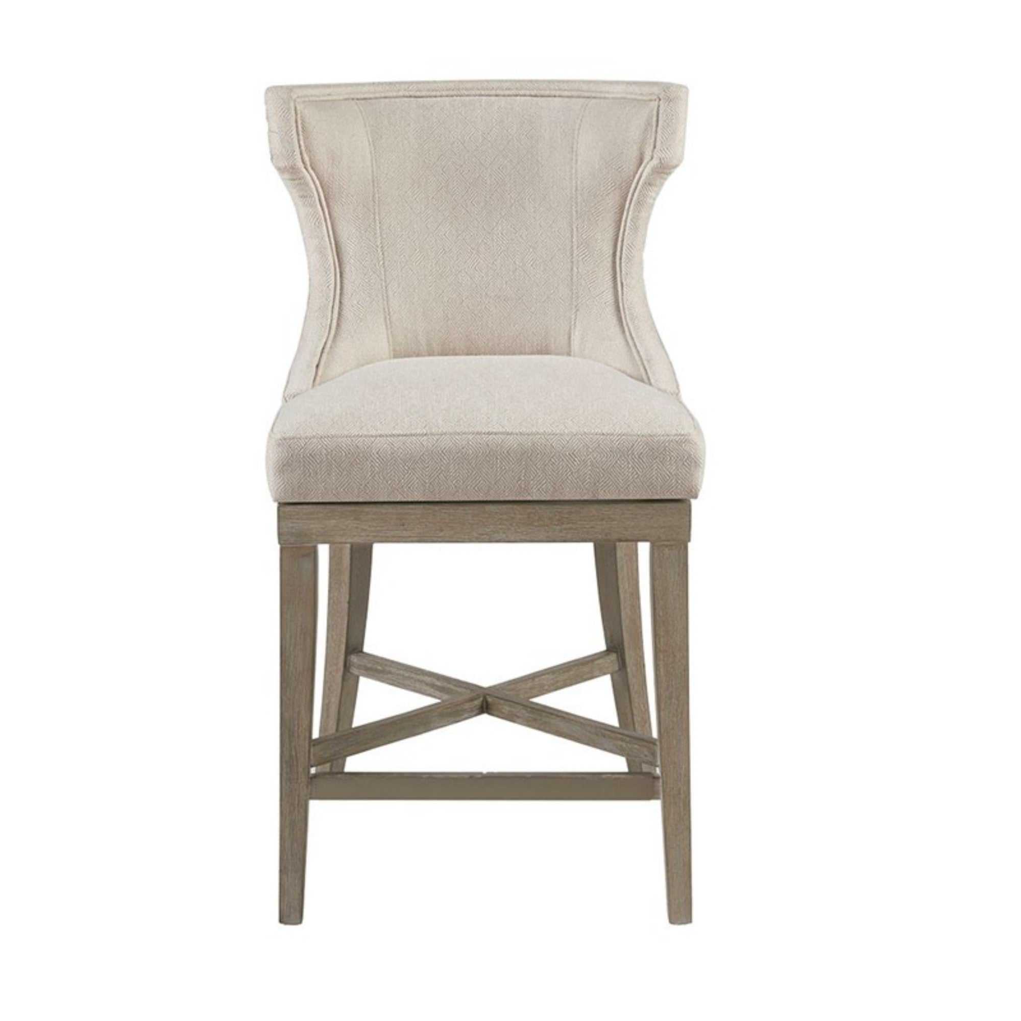 Carson Counter Stool with Swivel Seat in Cream Polyester with Reclaimed Gray Wood Bar Stools
