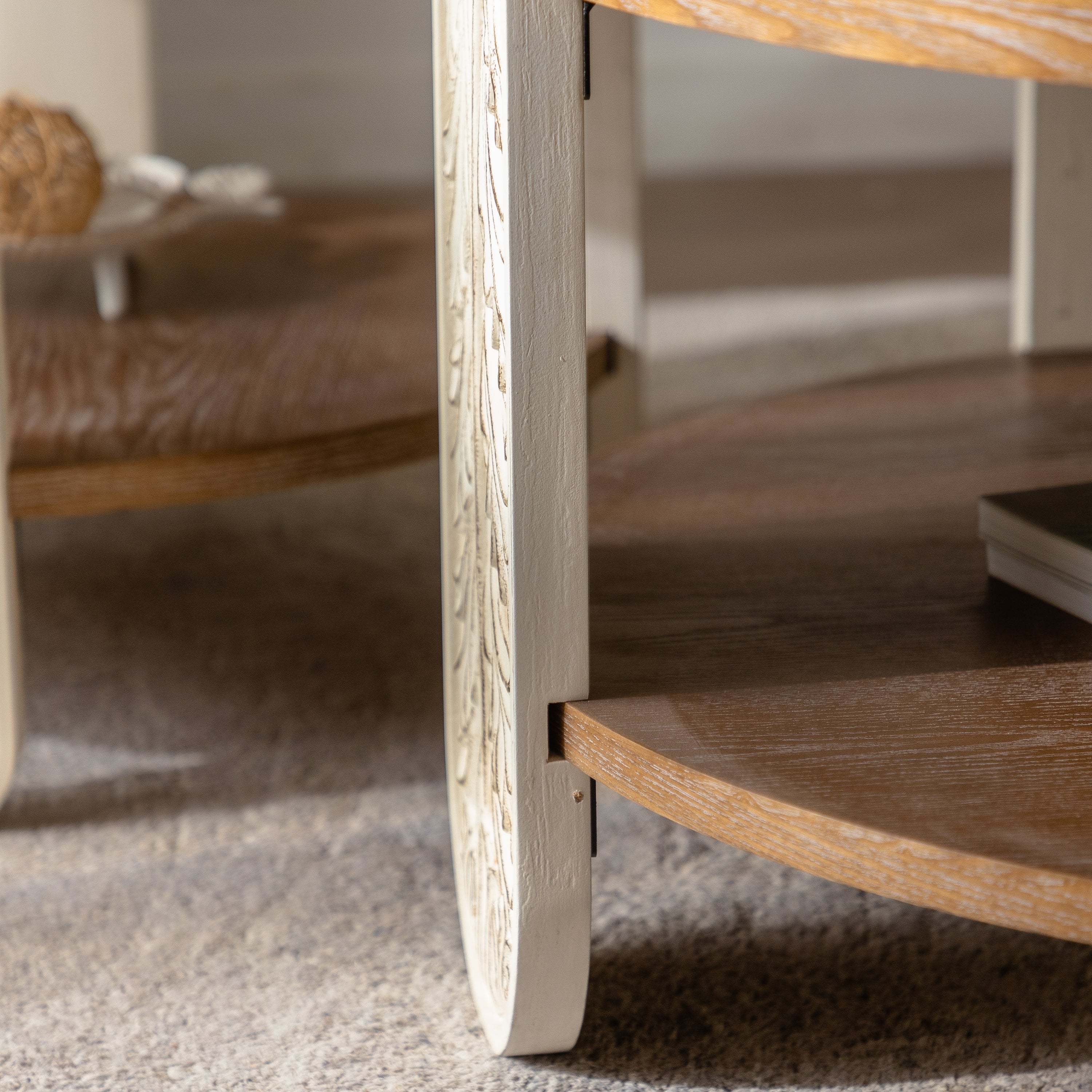 Carved Wooden Coffee Table, Retro End Table with Double-Layer Storage, Small Side Table for Living Room, Palace Style Bedside Table for Small Spaces