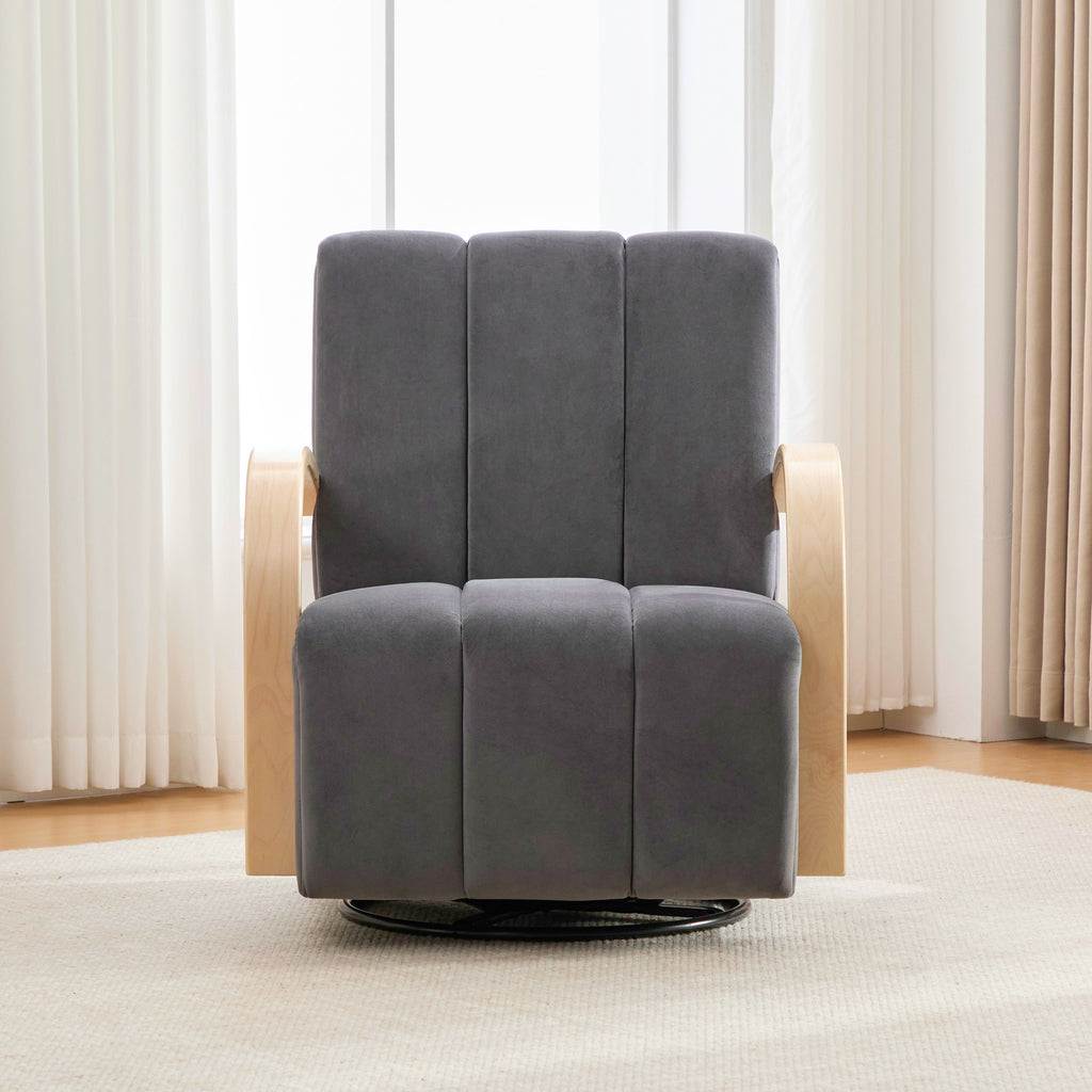 Modern Upholstered 360° Swivel Accent Chair with Solid Wood Armrests in Charcoal, Polyester and PU, 30.3' Wide