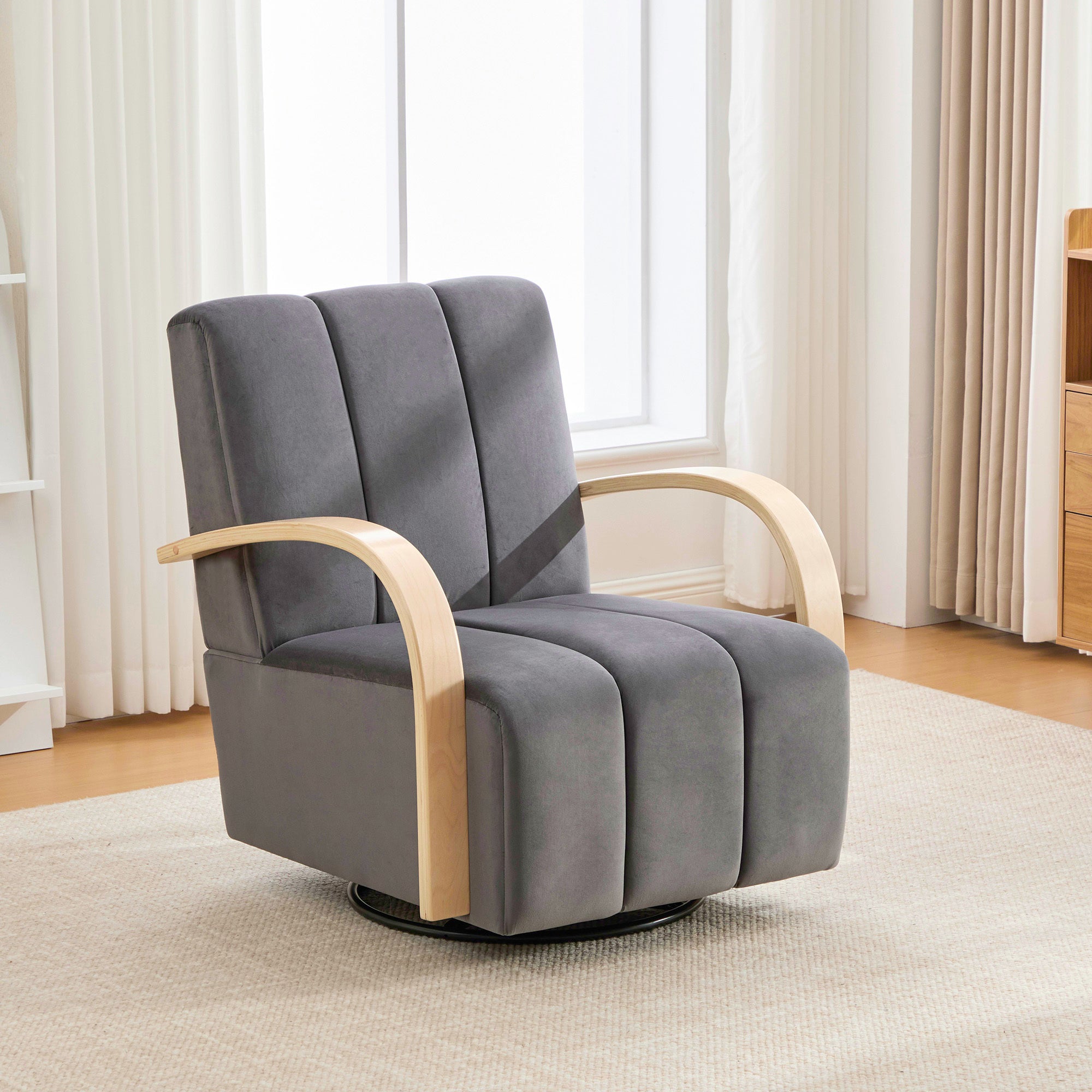 Modern Upholstered 360° Swivel Accent Chair with Solid Wood Armrests in Charcoal, Polyester and PU, 30.3' Wide